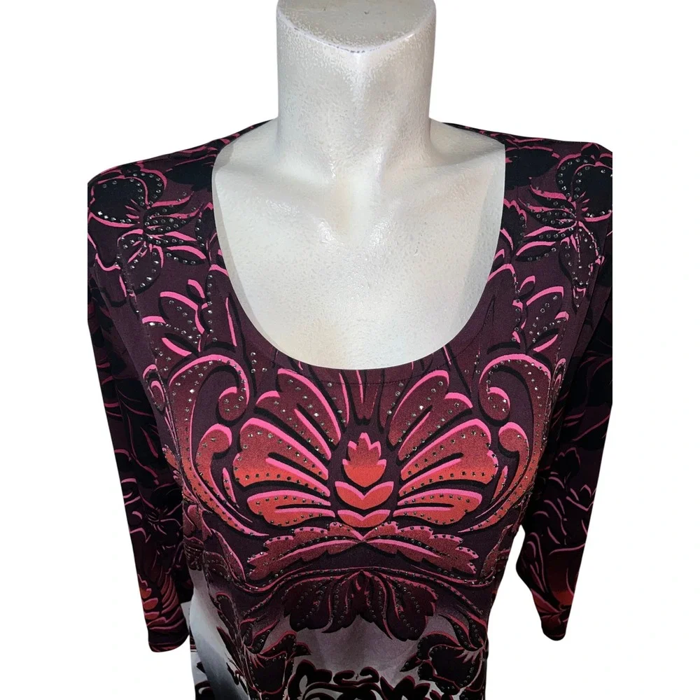 JM Collection Womens XL Floral Ombre Rhinestone Sharkbite Tunic Top Plum Black - Picture 2 of 8